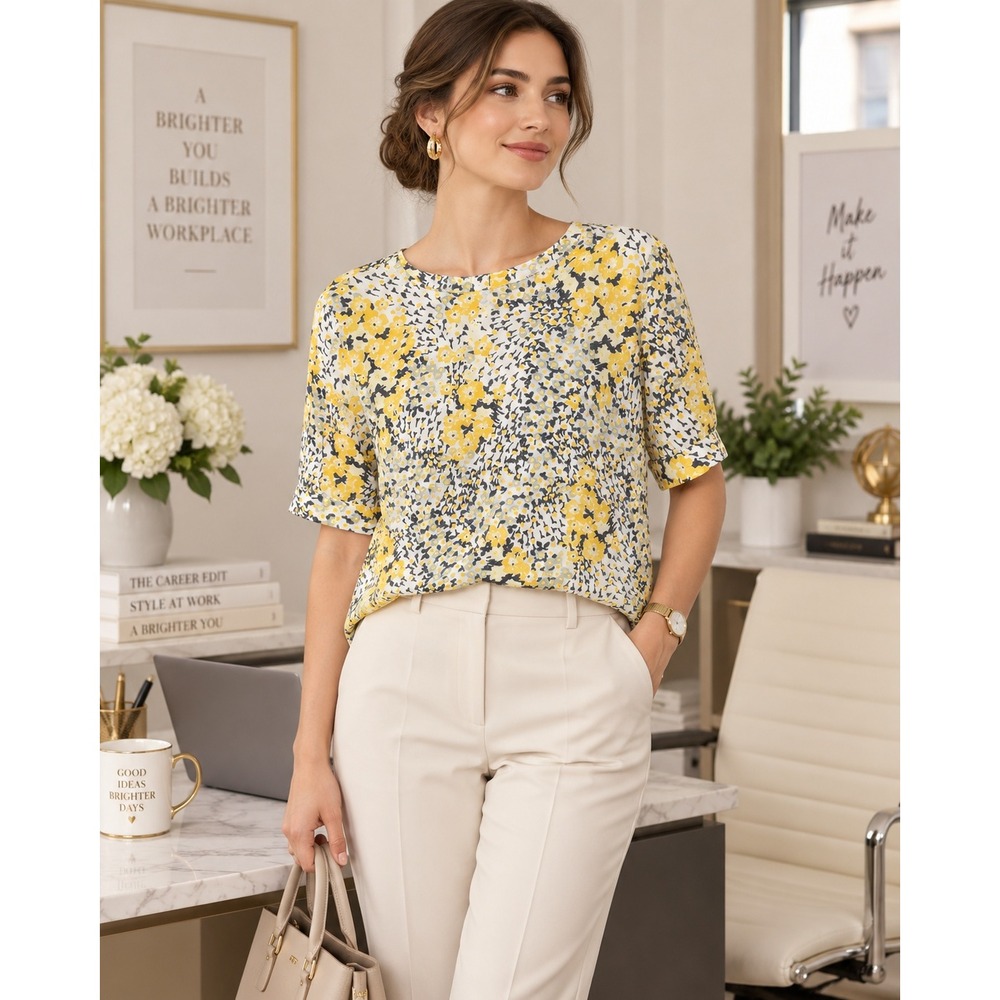 LOFT Womens Yellow Grey Floral Button Back Short Sleeve Blouse Size L